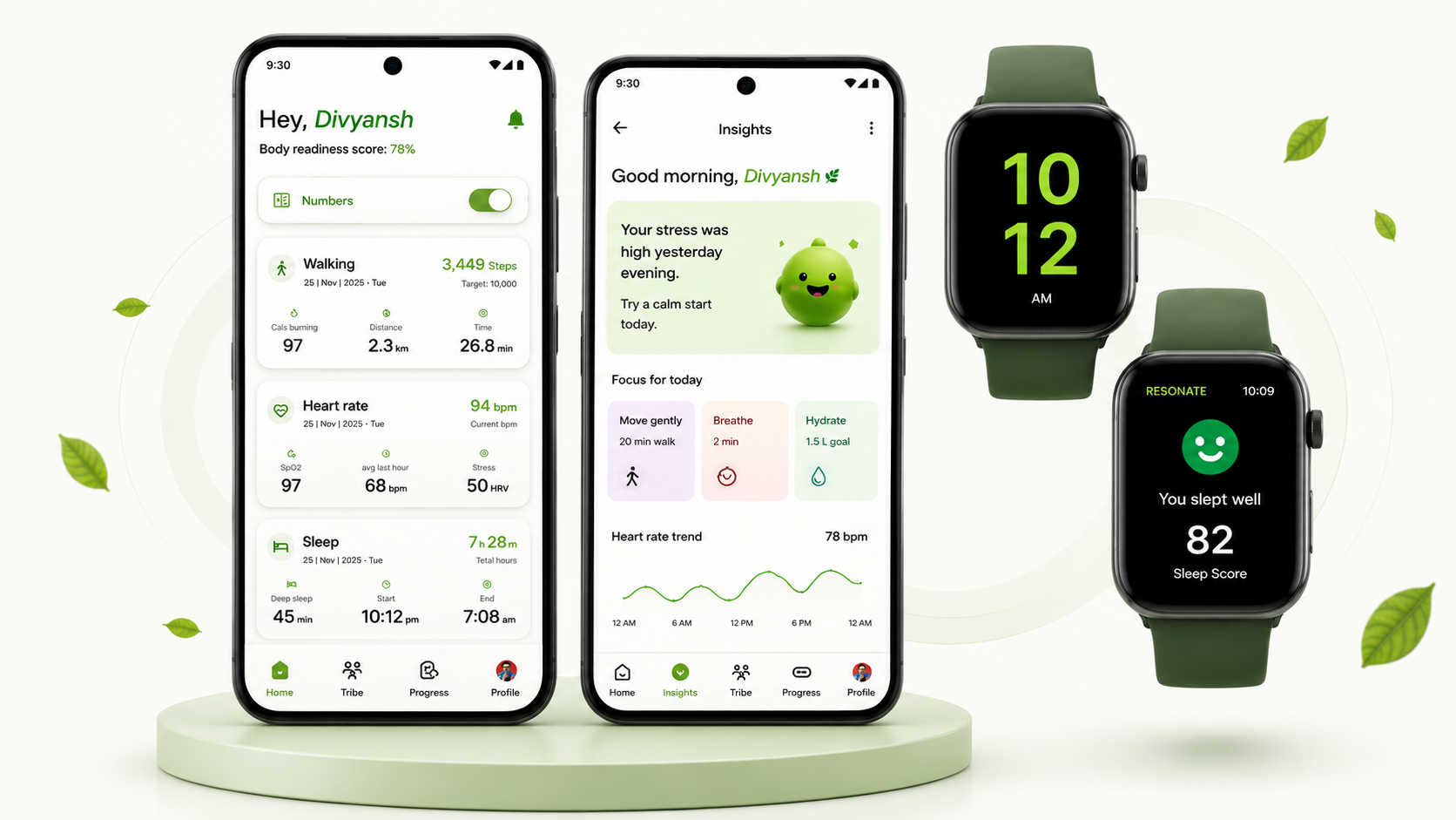 Resonate app screens on phones and smartwatches